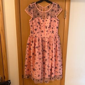 Magnolia Place Women’s Floral Retro Sheer Dress 50’s Pink Black Size XL